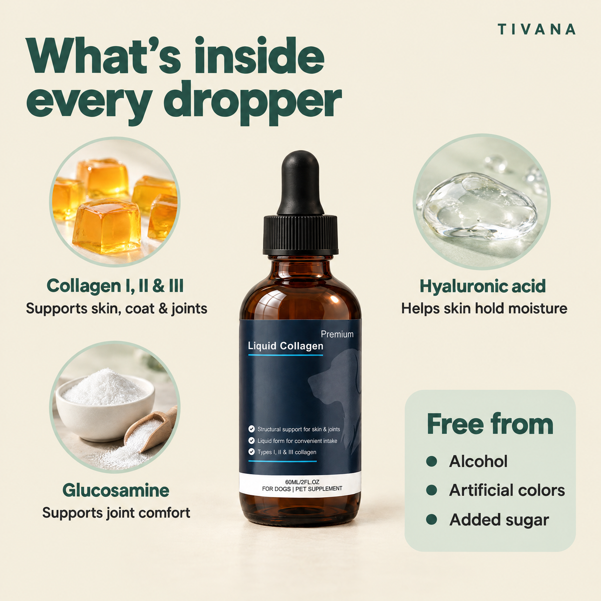 Move & Glow ingredients around the dropper bottle: collagen types I, II and III, hyaluronic acid and glucosamine. Free from alcohol, artificial colors and added sugar.