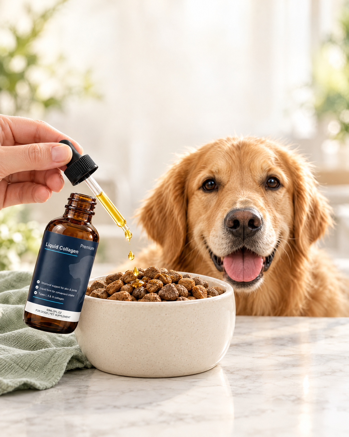 Move & Glow liquid collagen drops added to a bowl of dog food as a golden retriever looks on