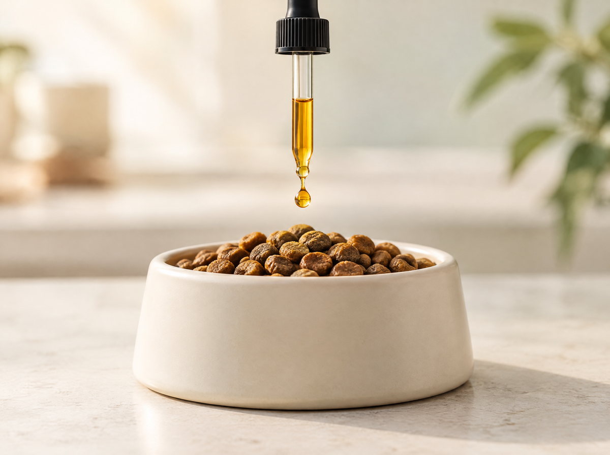 Dropper adding one drop to a bowl of dog food