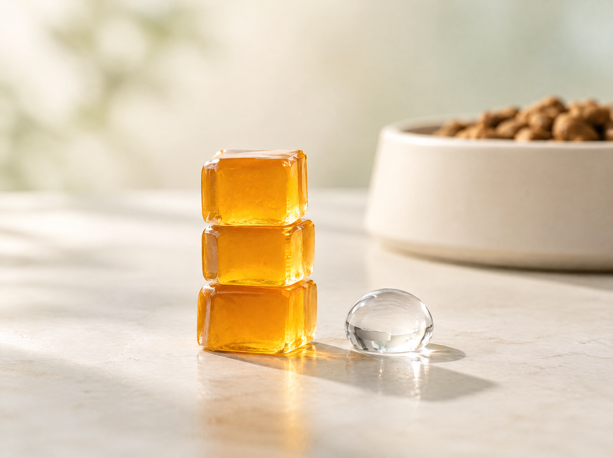 Stacked collagen cubes and a hyaluronic acid droplet