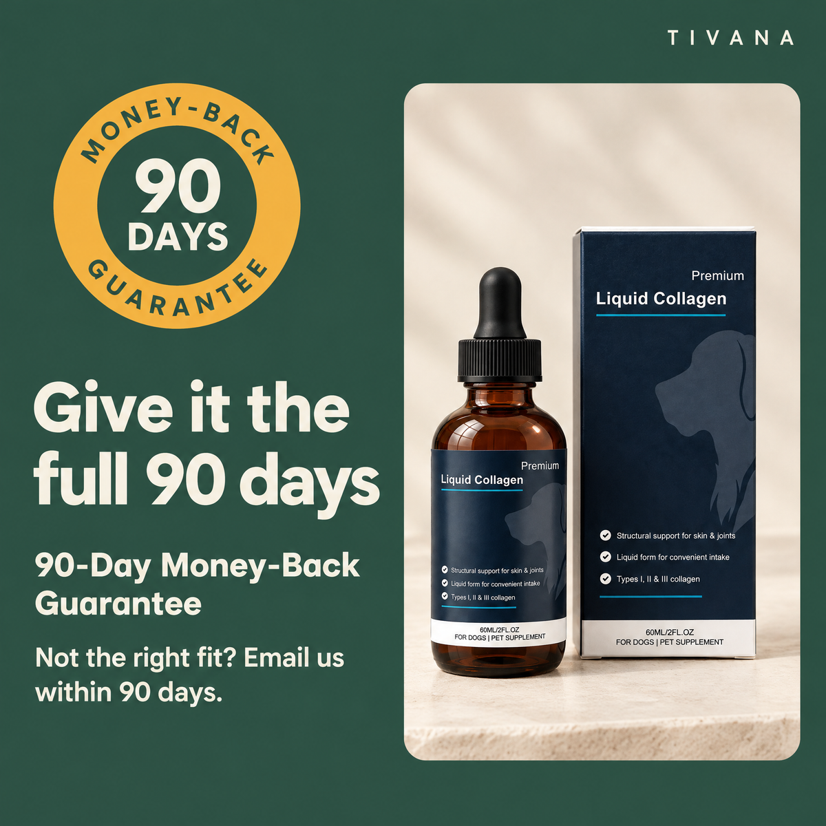 Move & Glow 90-Day Money-Back Guarantee seal next to the bottle and box. Not the right fit? Email us within 90 days.